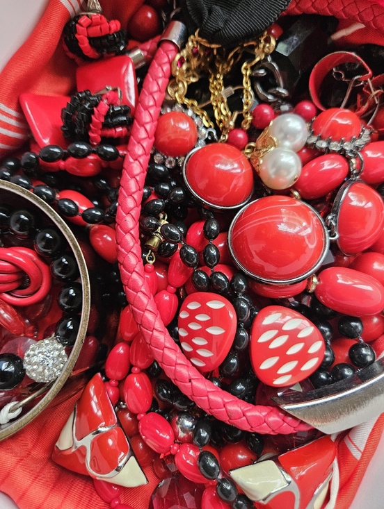 Vintage Jewelry - Estate Jewelry Lot Red W/ White And Black Vintage To Modern With Matching Scarf